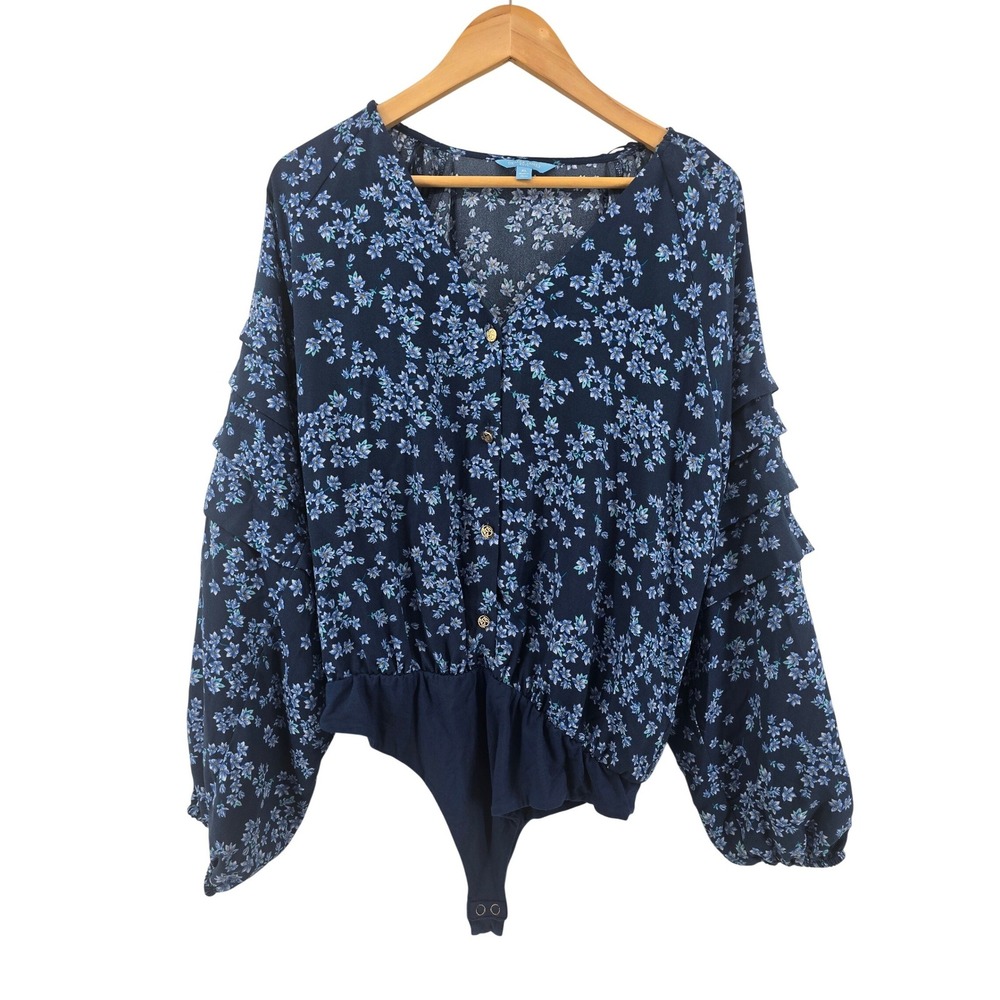 Draper James RSVP Bodysuit Womens XL Blue Floral Ruffle Sleeve Button Front